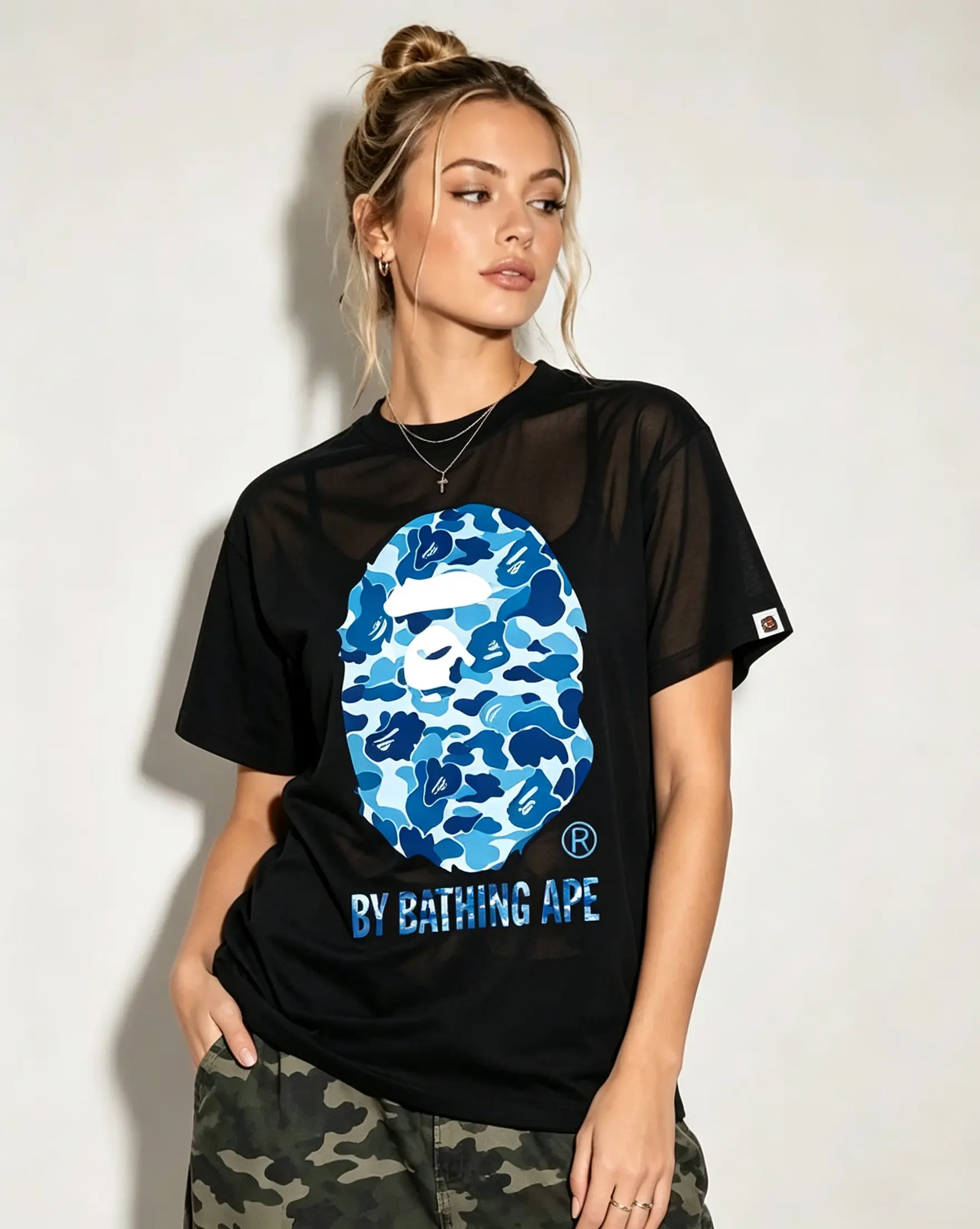 Abc Camo By Bathing Ape Tee Stylish Camouflage, Cotton, Menswear Short Sleeve Crew Neck Casual Summer T-Shirt with Iconic Ape Head Design and Plaid Pattern