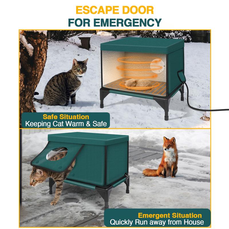 Indestructible Heated Cat House for Outside Cats Winter, 100% Weatherproof, Safe Escape Door, Insulated Outdoor Cat Shelter with Heater for Feral Barn Cat Kitty