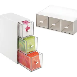 3 Drawer Plastic Tea Bag Organizer Stackable Clear Desk Storage Drawers White Tea Box Coffee & Makeup Organizer for Tea Bags Sugar Packets Cosmetics