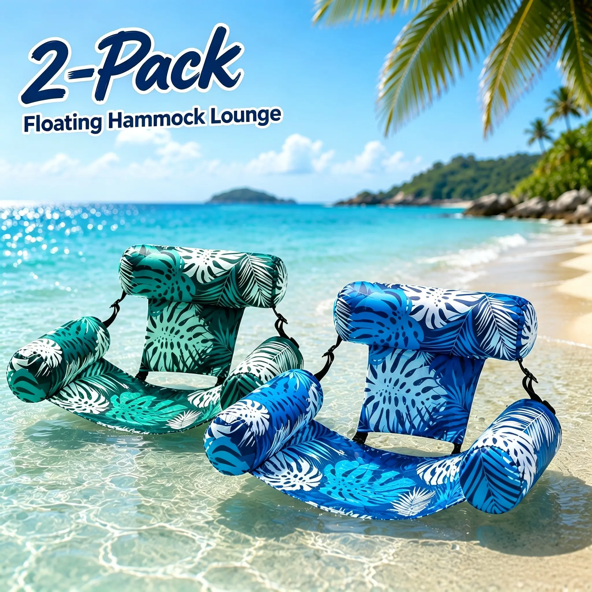 Vacation Floating Pool Lounger 2 Pack Adult Inflatable Water Hammock, Reinforced Back Support Floating Seat, Light Swim Float for Beach Holiday, Lake Rest and Backyard Pool Fun