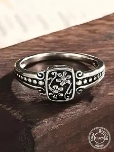 Women's S925 Silver Vintage Floral Bohemian Style Ring, Vintage Embossed Ring, Casual Fashion Daily Accessory, Unique Antique Texture Flower Jewelry