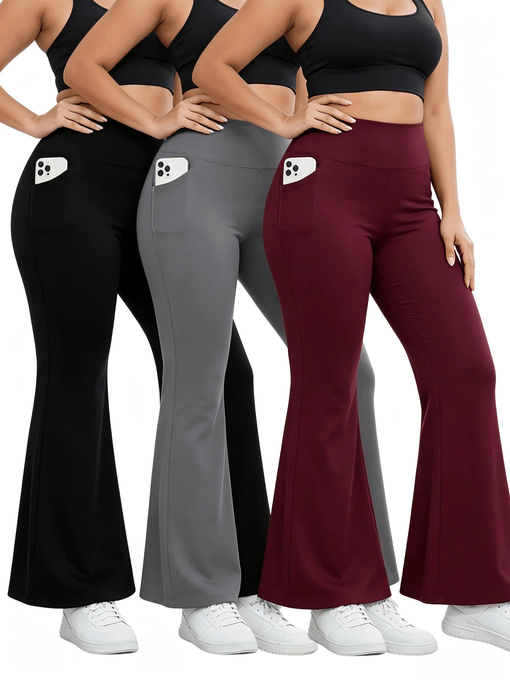 Women's Plus Size High Waist Flare Yoga Pants 3-Pack - Buttery Soft, Tummy Control, Butt Lifting,   Sporty Chic Design,   Squat Proof with Pockets for Spring, Summer