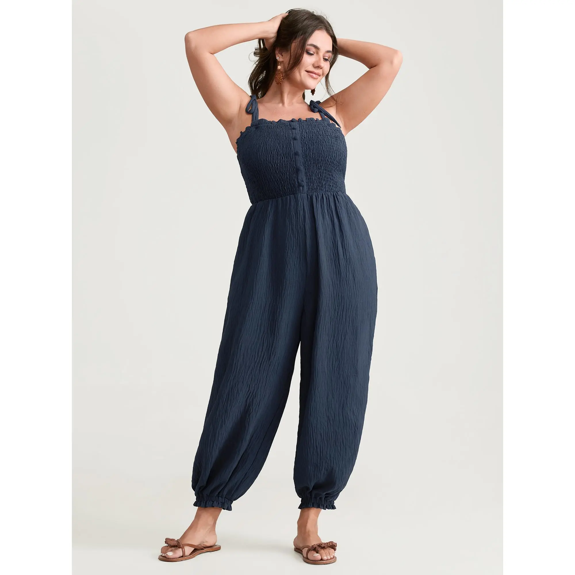 BLOOMCHIC Women's Plus Size Shoulder-Tie Casual Sleeve Cuffed Hem Overalls Jumpsuit [M-6X] - Polyester Fabric, Pocket, Blue Fit, Summer Vacation Beach Outfits, Swimweek Summer Finds, Curvy Women Plus Size, Plus Size Overalls