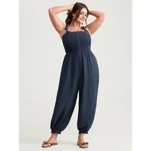 BLOOMCHIC Plus Size Cute Shoulder-Tie Cuffed Hem Jumpsuit [M-6X]2026 Summer Vibes Swimweek, Women, Polyester