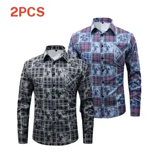 Men’s tie dye plaid long sleeve shirt two piece set, retro casual dual styles, color block plaid patchwork with tie dye craftsmanship, smooth skin friendly fabric, versatile comfortable slim fit top