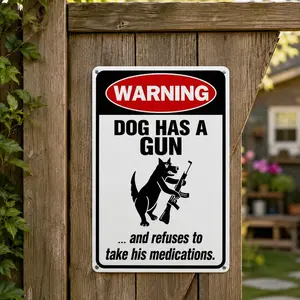 Lightweight Glossy Aluminium "Dog Has A Gun" Funny Warning Sign - Mountable Metal Tin Plaque, Humorous No Trespassing Home Wall Decor, Ideal Gift for Dog Lovers