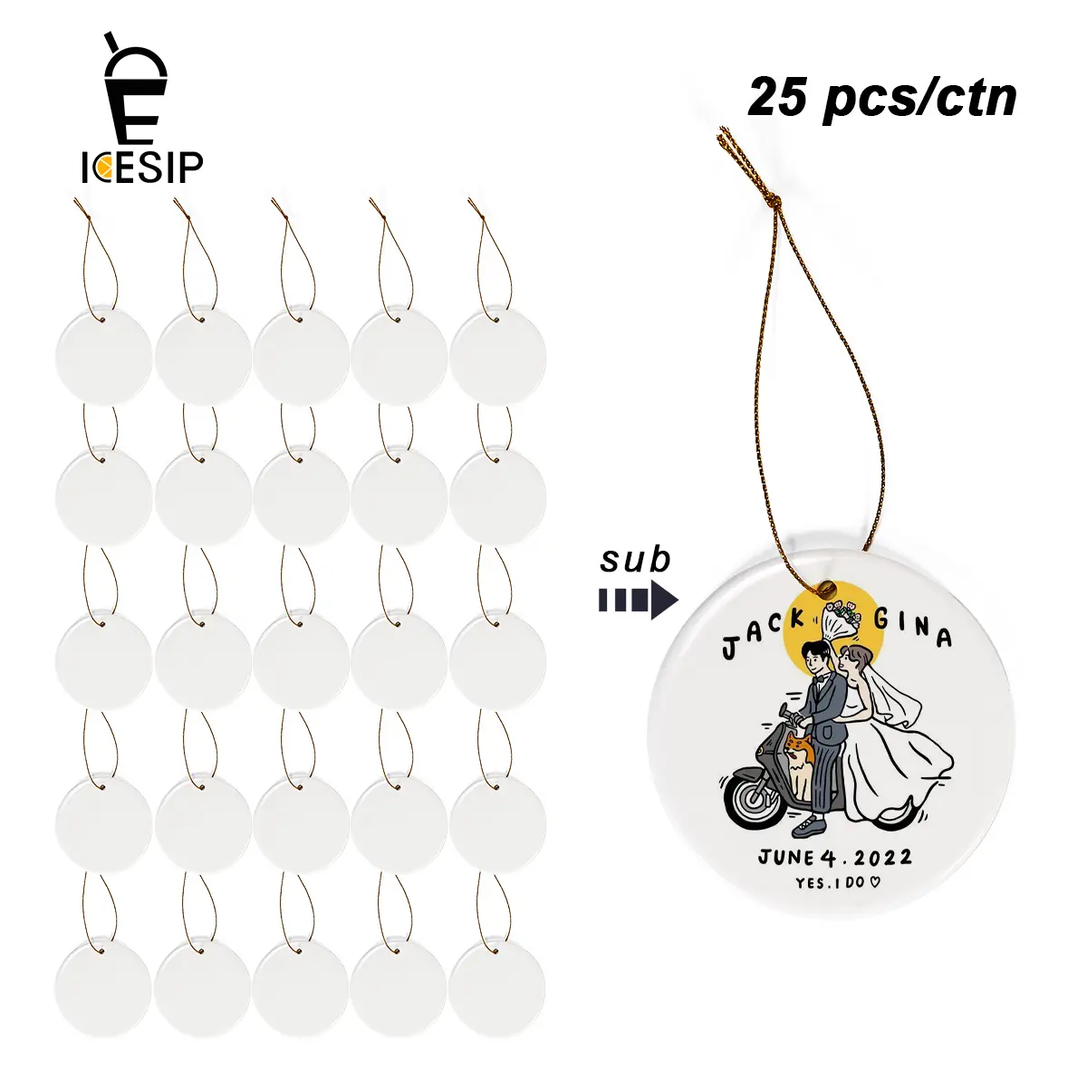 ICESIP Classic 3-Inch Sublimation Round Ceramic Decorative Ornaments, 25pcs/Ctn DIY Sticker-Applicable Contemporary Wall Hanging, for Indoor Romance & Wedding Decor (Home & Festive Party Supplies)