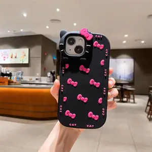 Black Kawaii Funny 3D Bow Cartoon Silicone Cat Phone case, Soft Shockproof Classic Protective Cover for Women Girls, and Kids(Black, for iPhone 12/13/14/15/16)