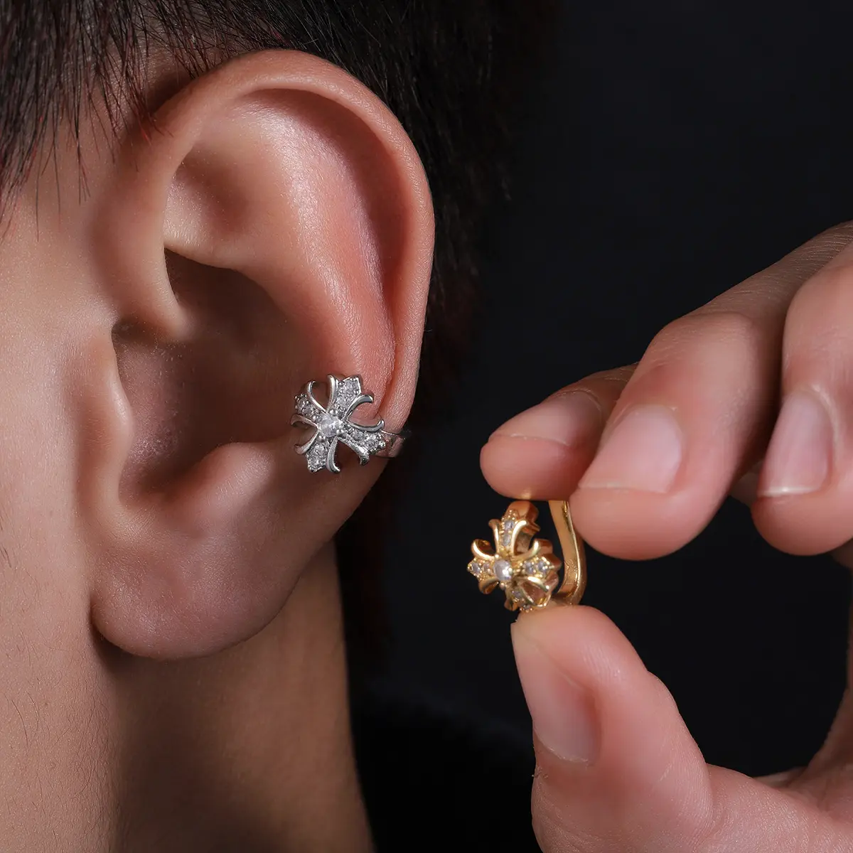 Unisex Clip-On Type Artificial Gemstone Earrings, Iced Out Non-Pierced Ear Cuffs, Gold-Tone Silver-Tone Gothic Hip Hop Fake Hoops, Men's Earrings, No Piercing Jewelry Gift