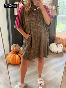 Summer Casual Loose Fit Leopard Print Short Sleeves Striped Hem Women's Mini Dress, Colorblock Design with Pockets, Comfortable and Stylish Womenswear, Casual Lightweight Dress