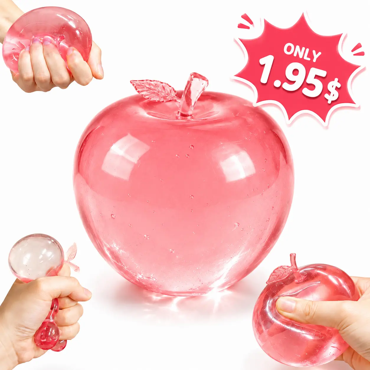 【Super Savings】Translucent Pink Apple Squishy Toy, Slow Rising Fruit Stress Ball, Soft Squeeze Sensory Fidget Desk Toy for Gifts and Party Favors