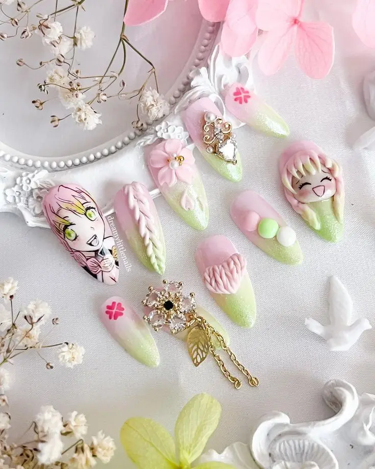 Mitsuri Inspired Press On Nails Dem0n | Pink Green Anime Nail Art | 3D Flower Bow False Nails for Holiday, Birthday