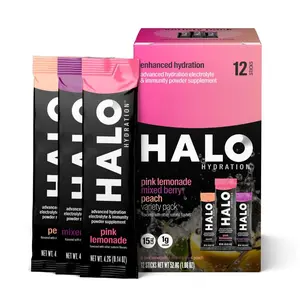 HALO Hydration - Electrolyte Drink Mix | Hydration Powder Packets | Variety Pack (Pink Lemonade, Peach, Berry) – For Sports and Cycling | Easy Open Single Serving Stick | 12 Sticks