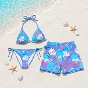 [HOT SUMMER 2026] Blue Purple Tropical Matching Couple Swimwear Set – Bikini & Men’s Swim Trunks, Beach Vacation Outfit
