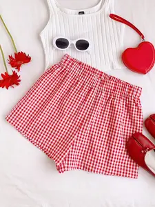 Red Gingham, Checker Elastic Waist Shorts, Viral Summer Coquette Aesthetic Bottoms, Y2K Cute Casual Shorts, Lightweight Breathable Linen Blend Fabric, Trendy Girl Streetwear Essential, Effortlessly Stylish for Hot Days & Fun Hangouts