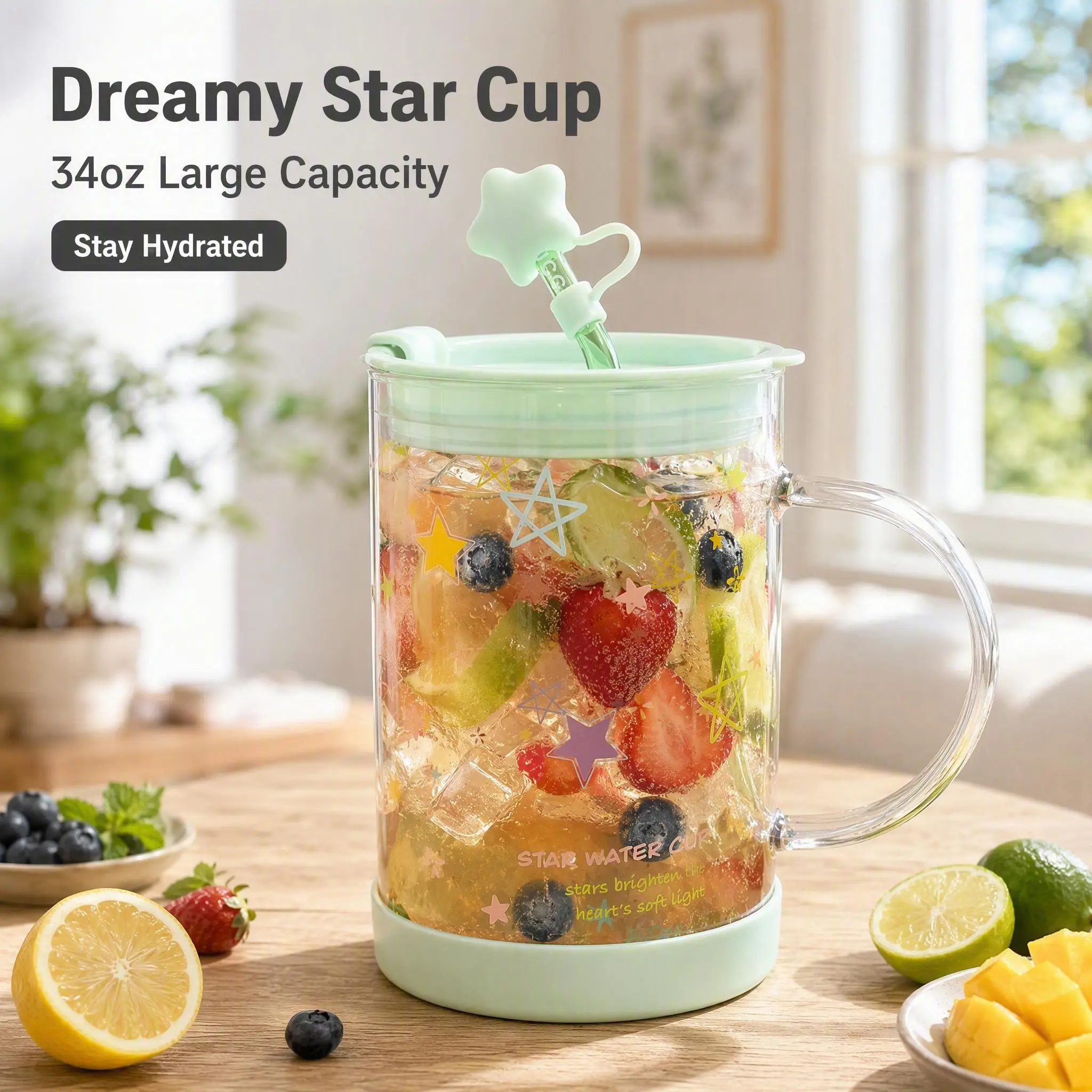 Rosslife 34oz Reusable Aesthetic Glass Tumbler with Handle, Straw, Dual Lid, Cute Star Print, Large-Size Drinking Cup for Water, Iced Coffee