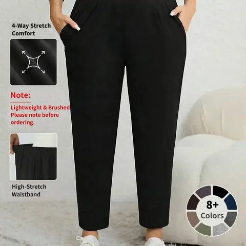 Plus Size Solid Plicated Pocket Elastic Waist Joggers, Casual Sporty High Waist Trousers for Women, Women's Sportswear for Indoor Outdoor Wear, Women Workout Clothes, Fitness Trousers, Athleisure Fitness Bottoms