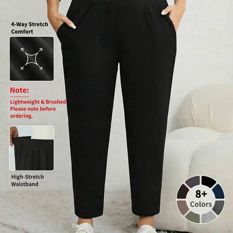 Plus Size Solid Plicated Pocket Elastic Waist Joggers, Casual Sporty High Waist Trousers for Women, Women's Sportswear for Indoor Outdoor Wear, Women Workout Clothes, Fitness Trousers, Athleisure Fitness Bottoms