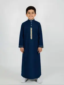 Muslim Boy Blue Thobe Kids Clothing Robe Traditional Embroidered Stand Collar Square Button Long Sleeve Side Pockets, Suitable for 8-12 Years Old Boys
