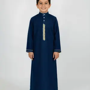 Muslim Boy Blue Thobe Traditional Embroidered Stand Collar Square Button Long Sleeve Side Pockets, Suitable for 8-12 Years Old Boys