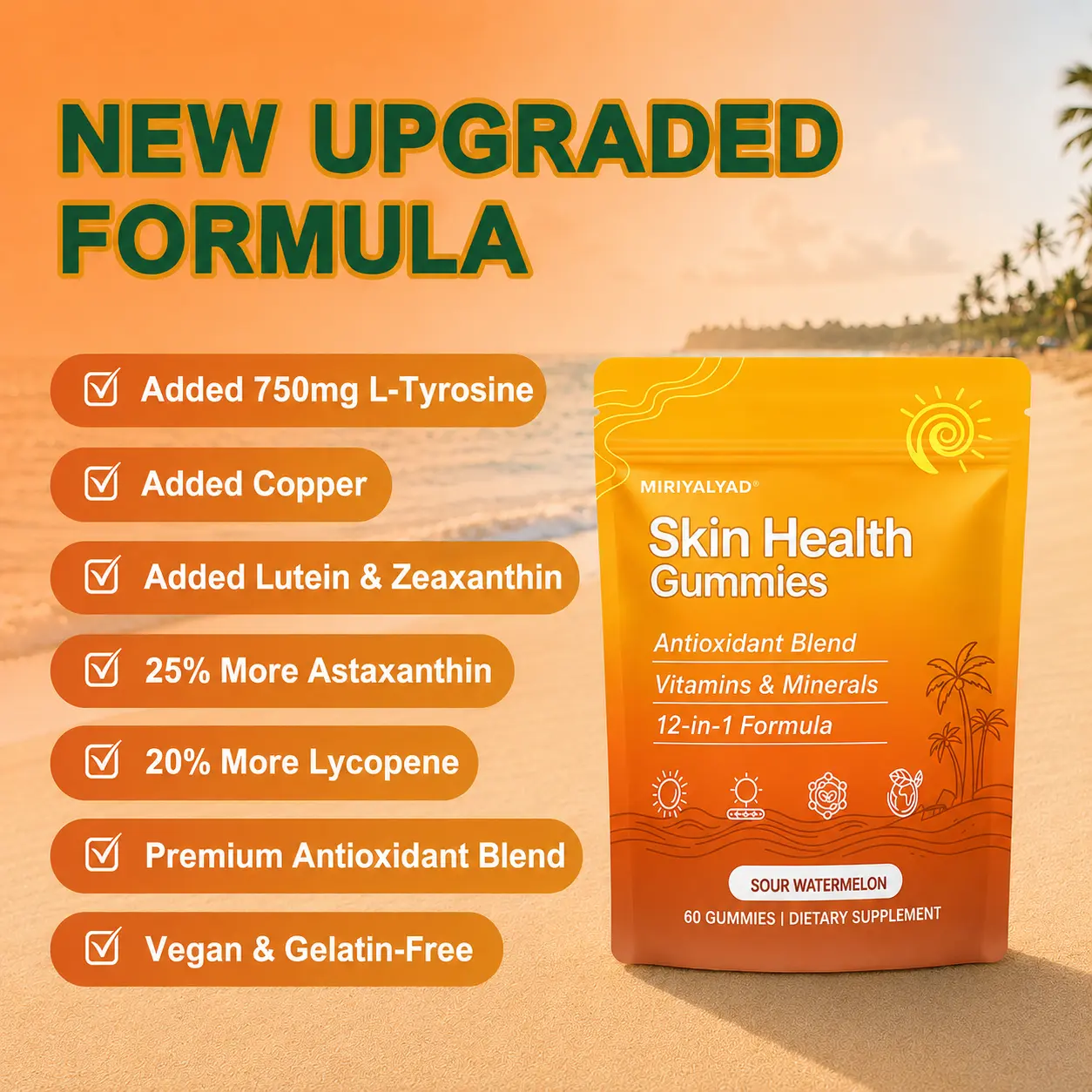 12-in-1 Skin Health Gummies, Vitamins & Minerals Supplement, L-Tyrosine, Lycopene, Zinc, Vitamins A C D3 E, Lutein & Astaxanthin, Sour Watermelon Flavor, 60 Gummies Per Bag, Antioxidant Supports, Summer Gummies, Natural Antioxidants for Men And Women