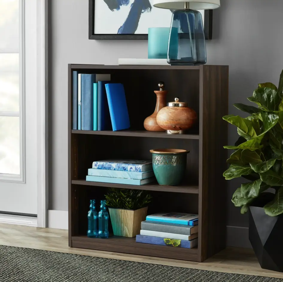 Mainstays 3-Shelf Bookcase with Adjustable Shelves, 24.8 x 11.65 x 31.65 in Closed Back Bookshelf for Living Room Bedroom Dorm Office, Holds 35 lb per Shelf, Easy Assembly