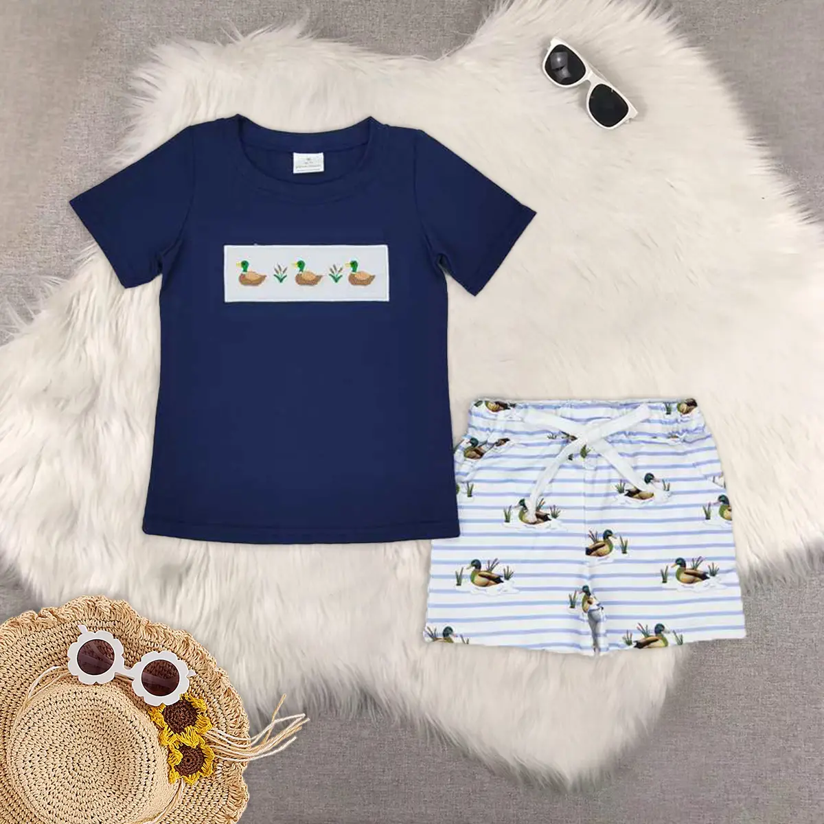 New Clothes 2-piece boy Kids Boys Short Sleeve Duck Top with Stripe Shorts Casual Clothing Set toddler summerclothes summer outfits fashion print wear two-piece child cute