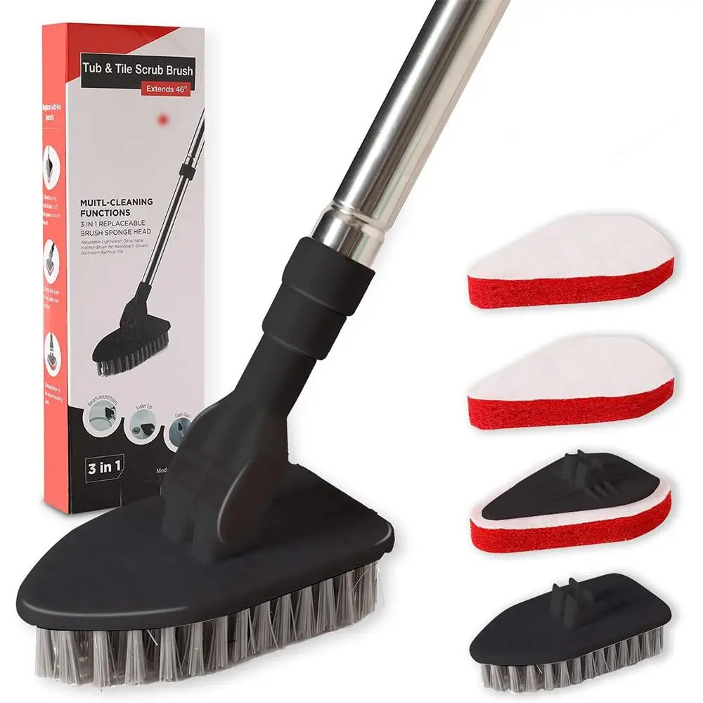 Shower Cleaning Brush With Long Handle, 1/3 Sets Tub & Tile Scrub Brush, Toilet Brush Set, Shower Scrubber, Tub Scrubber With Replaceable Microfiber Cloth, Bathroom Cleaning Tools, Bathroom Brush Cleaner, Toilet Brush Kit