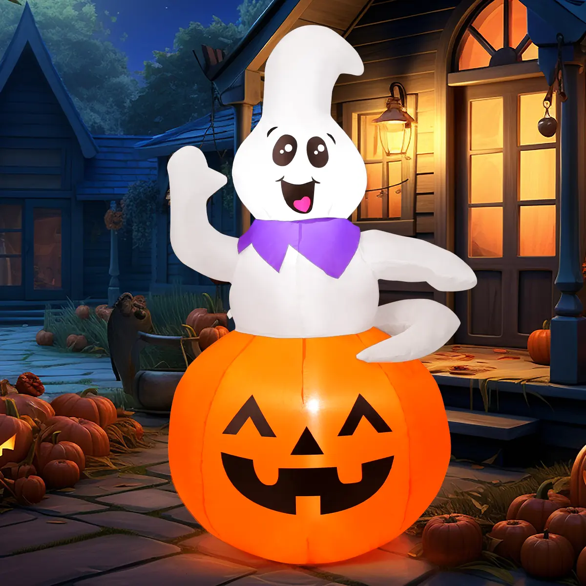 GOOSH 5 FT Outdoor Halloween Decor Inflatable Cute Pumpkin Ghost Outdoor Decorations Blow Up Yard Ghost in Pumpkin with Built-in LEDs for Indoor Party Garden Lawn Decor  Ornaments