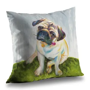 Begin Home Decor C1PT1414IV12ER 14 x 14 in. Cute Pug with A Rose Throw Pillow - Office Contemporary Decor