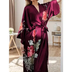 Women Plus Size Elegant Floral Robe Long Sleeping gown Burgundy Floral Pattern Non-Stretchy All-Season Luxury Home & Formal Events Comfortable Loungewear Bathrobes Dressing Gowns