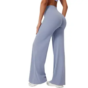 Women's 2-Piece Sporty Sports Bottoms Set - High-Waist No Front Seam Buttery Soft Straight-Leg Leggings & Backless Halter Crop Top for Gym, Yoga running