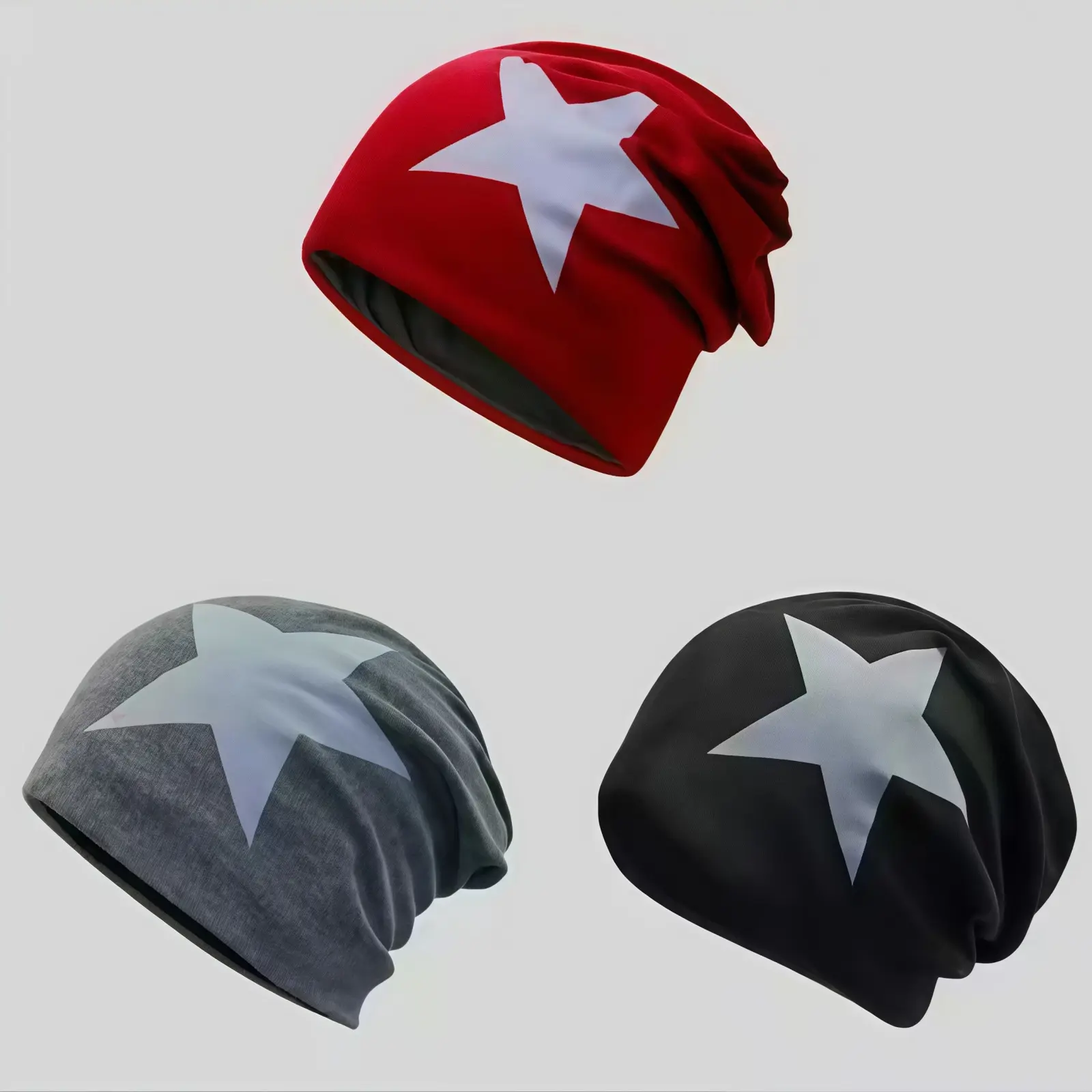 Y2K Aesthetic 3-Style Star Print Slouchy Beanie, Unisex Oversized Stretch Knit Cap, Solid & Vintage Distressed Star Streetwear Skullcap, Soft Warm Adjustable Hat for Daily Wear, Hiking & Winter, Fashion Headwear for Men & Women