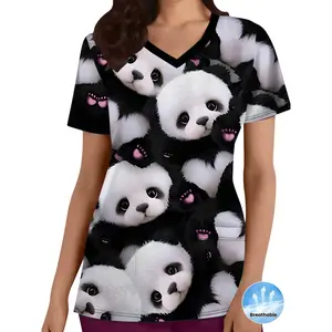 [Cute Scrub Top] Breathable Cute Women's Panda Print V-Neck Scrub Top with Pockets |     Machine Washable Casual Workwear, Short Sleeve All-Season Uniform, Durable Cartoon Pattern Healthcare Apparel, Nursing Uniform, Fun Workwear, Nursing Staff