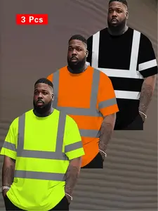 3pcs Men's Striped Casual T-Shirts, Breathable Short Sleeve Round Neck Tees in Orange/Yellow/ Lime Green for Outdoor Activities, Striped Pattern Shirt | Durable Wear,