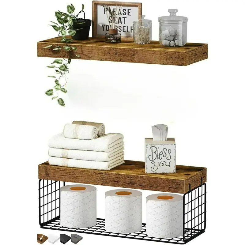 Bathroom Shelves Over Toilet - Paper Storage Wall Mounted Farmhouse Decor Decorations Aesthetic Décor Sign Small Floating Shelf 2+1 Set 16 inch, Rustic Brown