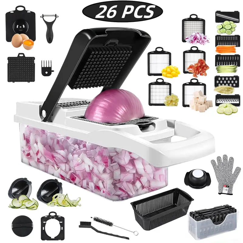 26 Pcs Lightweight Durable Vegetable Chopper Set - 3.1L Container, 12 Blades, Grid Slicer, Dicer, Potato Spiral Grater, Peeler for Meal Prep, Camping - Kitchen Utensils & Gadgets