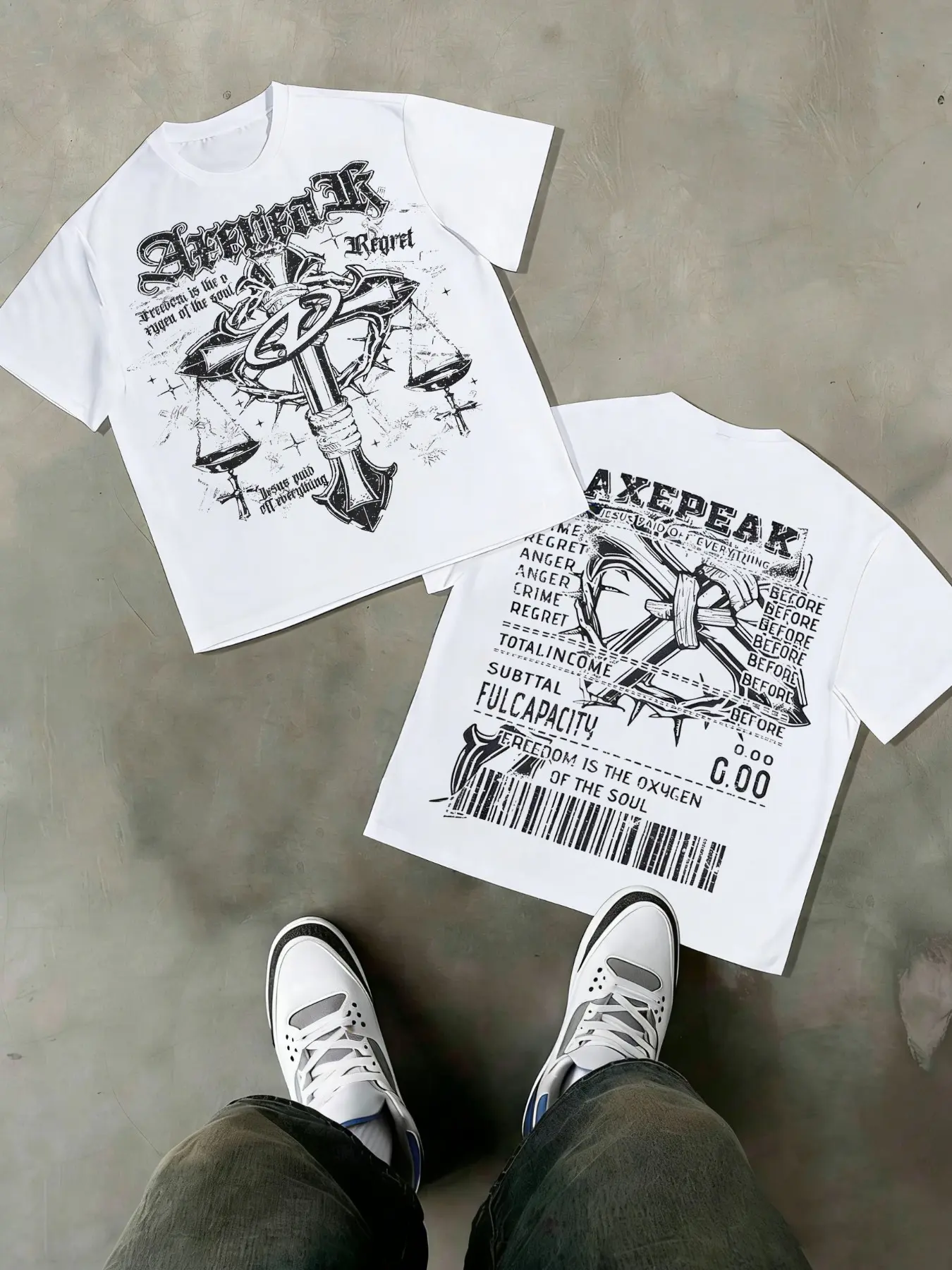 Axepeak Loose Fit T-Shirt, Thorn Cross & Scale Print, Gothic Font, Soft Cotton Blend Fabric, Y2K Dark Metal Style