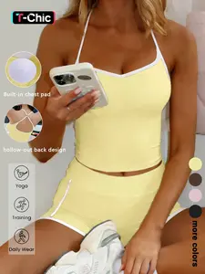 Women's High-Waisted Cross-Back Shorts, Casual Sportswear Set, Active Sportswear, Workout Sets, Colorblock Trim Design, Perfect for Running, Fitness, Yoga, Workout Running Outfits