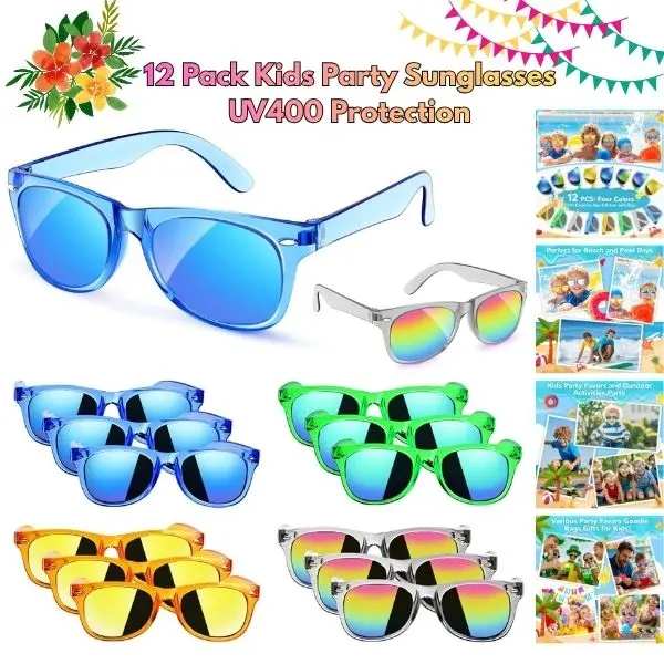 12 Pack Kids Party Sunglasses UV400 Protection, Neon Glasses for Boys & Girls Age 3–8, Birthday Party Favors, Summer Beach Pool Party Goodie Bag Stuffers