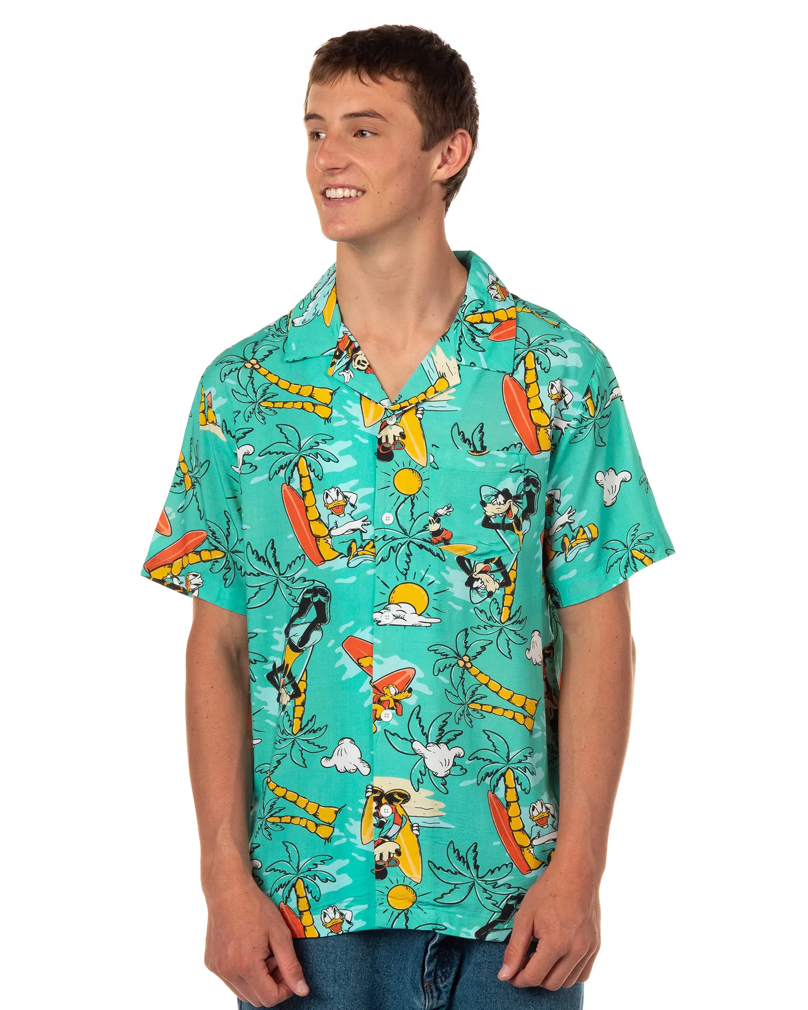 Disney Mickey and Friends Teal Tropical Hawaiian Shirt Men's Button Up Woven Top