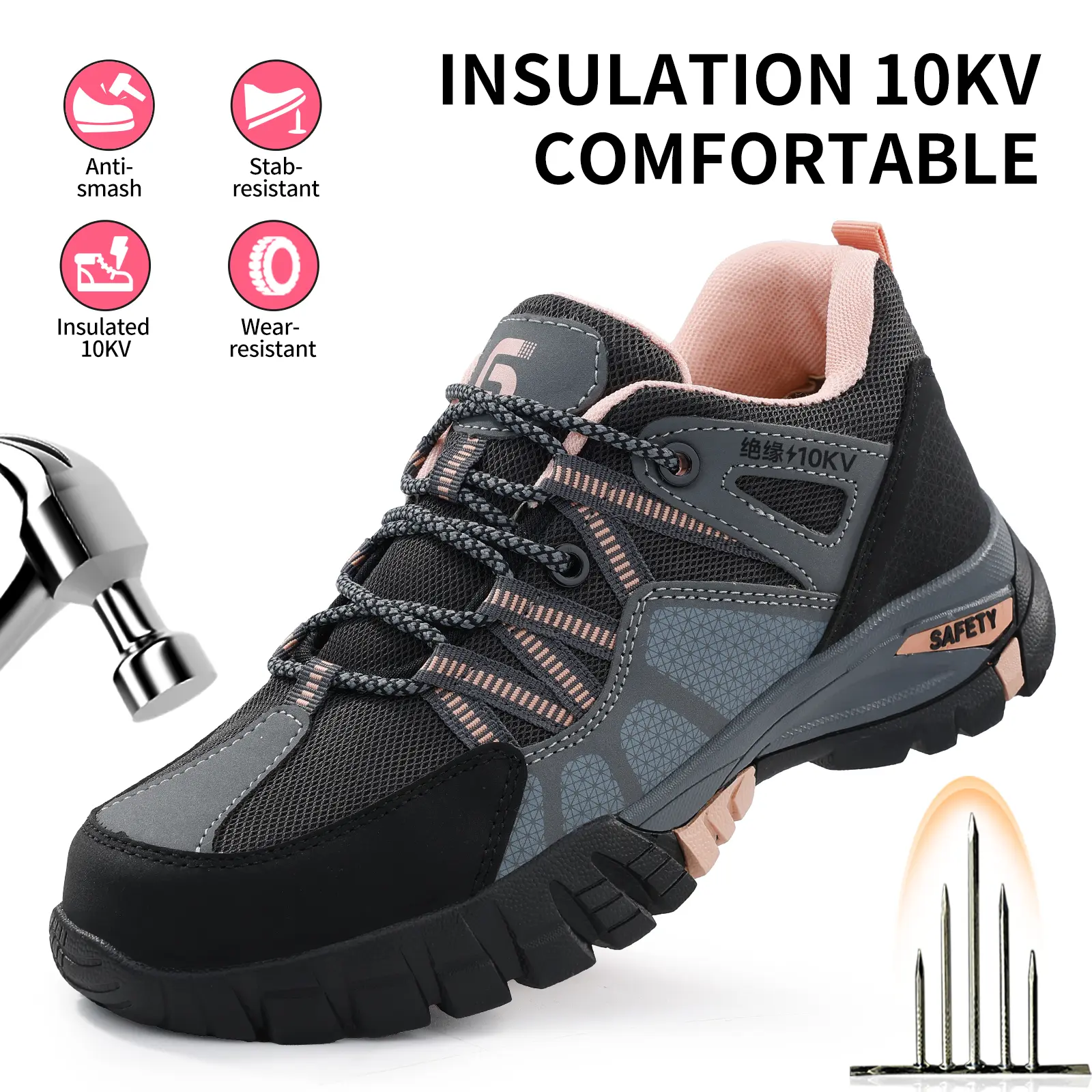 GUYISA Women's Pink Closed Insulated Work & Safety Footwear - Stylish Laces, Striped Design, Lightweight, Comfortable, High-Quality, Puncture-Resistant Labor Protection Shoes Girl