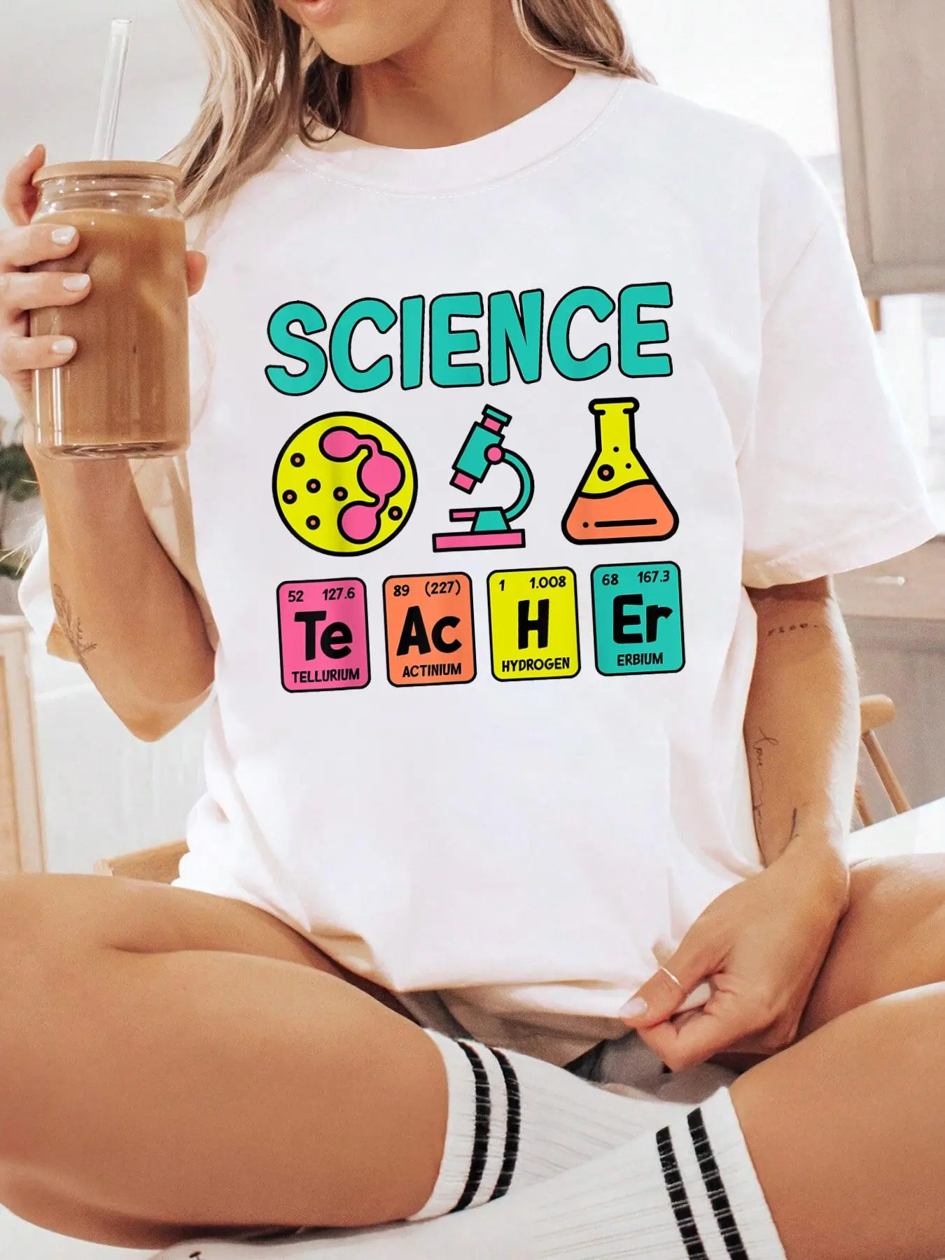 Women's 100% Cotton Short-Sleeve Round Neck Loose Casual Graphic Tshirt, Unisex Science Teacher Periodic Table Chemistry First Day Of School Top, Shortsleeve