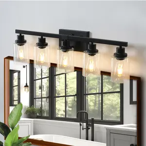 31" Modern Black 5-Light Bathroom Vanity Light Fixture, Industrial Wall Sconce with Clear Glass Shades for Mior, Bathroom, Bedroom, and Hallway (No Bulbs)