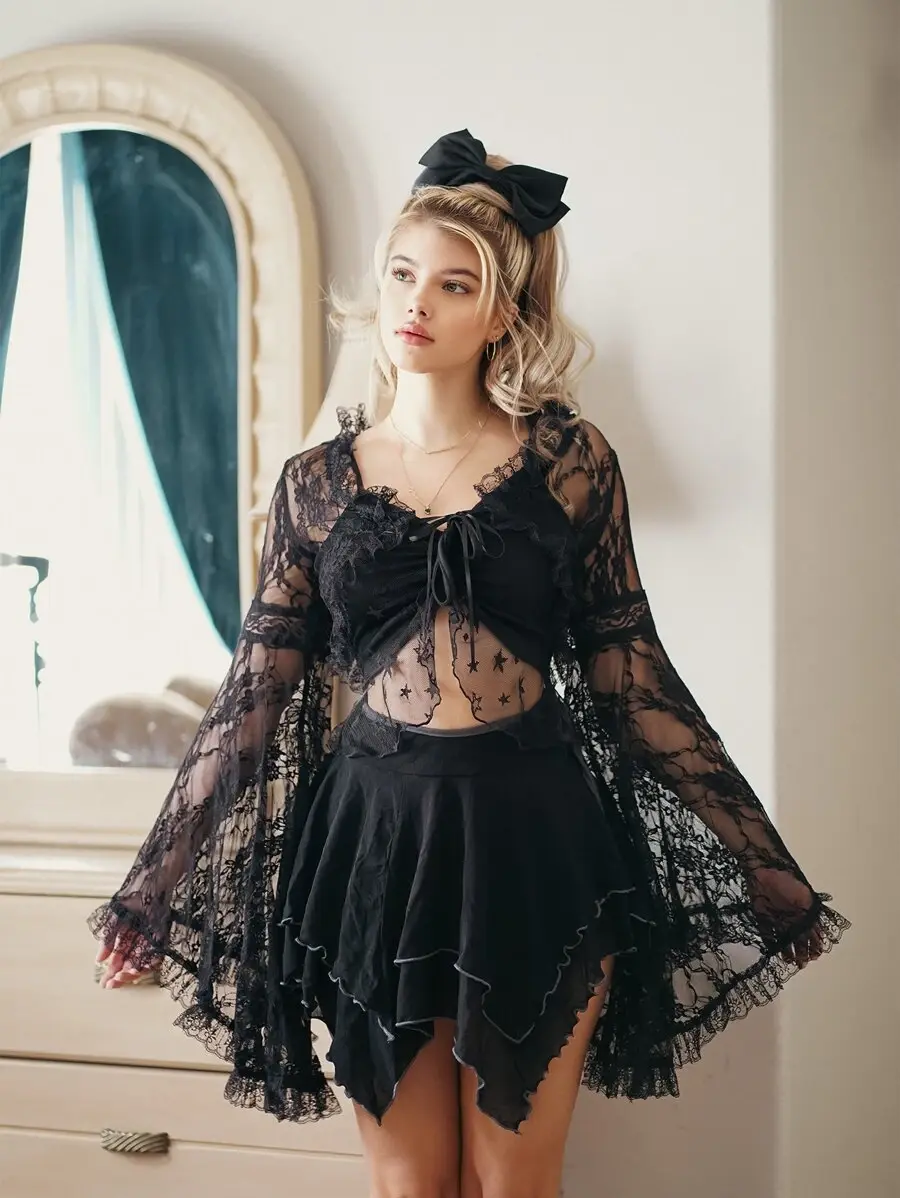 LUNA LAYER Womens Fairycore Tie Front Bell Sleeve Lace Top Sexy Floral V Neck Flare Sleeve Black Crop Shirt