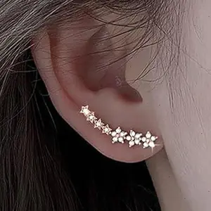 Flowers Ear Climbers Stud Earrings for Women 925 Sterling Silver Small Trend Flower Cuff Crawler Earrings for Bride 14K Gold Plated White Cubic Zirconia Stud Earrings Wedding Birthday Jewelry Gift