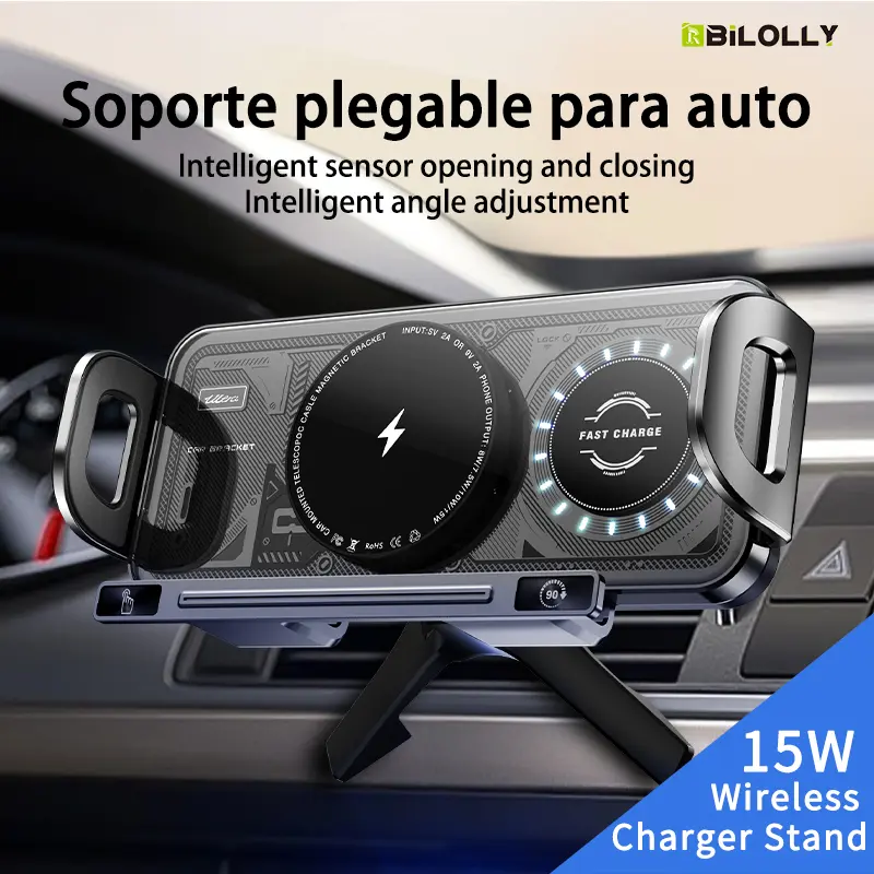 Foldable Phone Car Mount with Wireless Charging, 90° One-Touch Rotation, Auto Clamping Car Phone Holder for Air Vent, Metal Triangular Clip, Anti-Shake GPS Mount, Compatible with Galaxy Z Fold, iPhone and Android