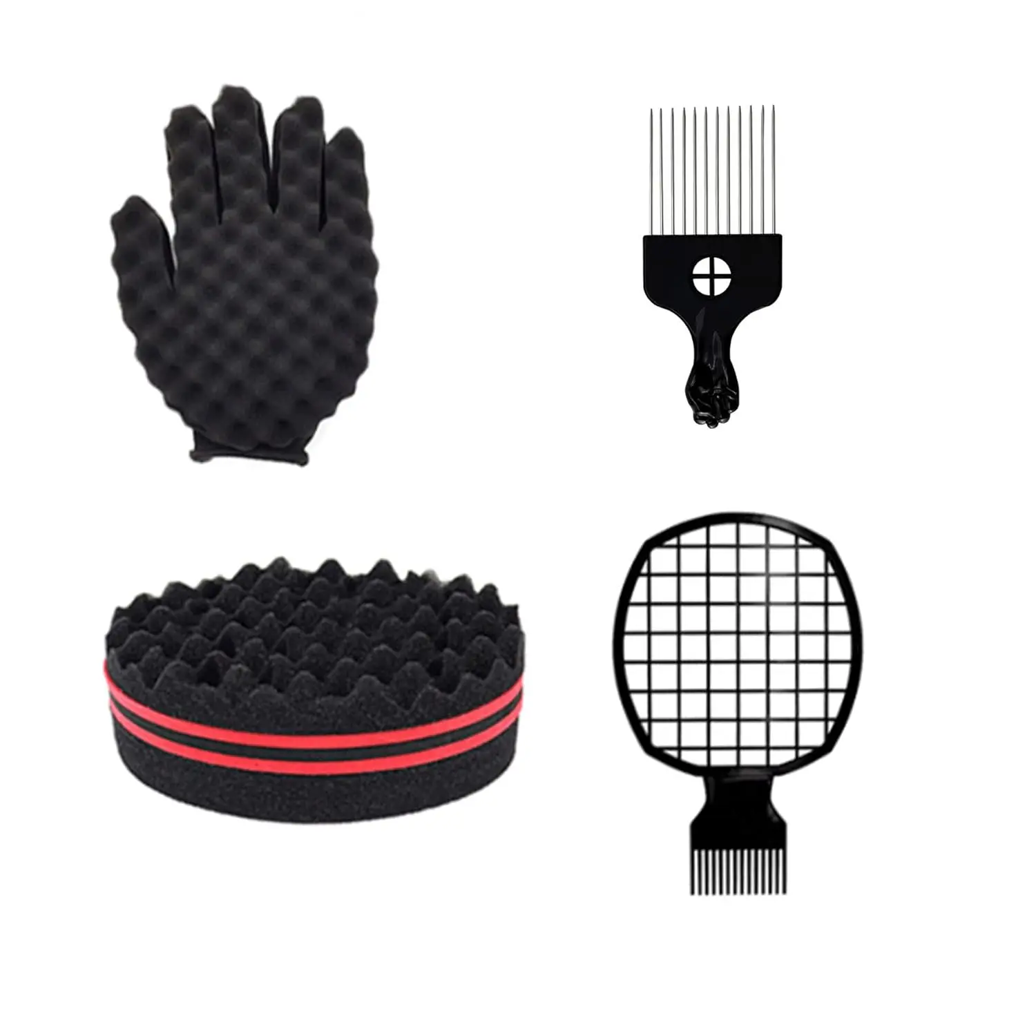 Curl Sponge Set - 2-Sided Curling Brush, Easy Grip Glove, Nylon Bristles Metal Brush, Pick, Twist Comb - High-Quality Natural Hair Styling Tool, Two-Sided Tool