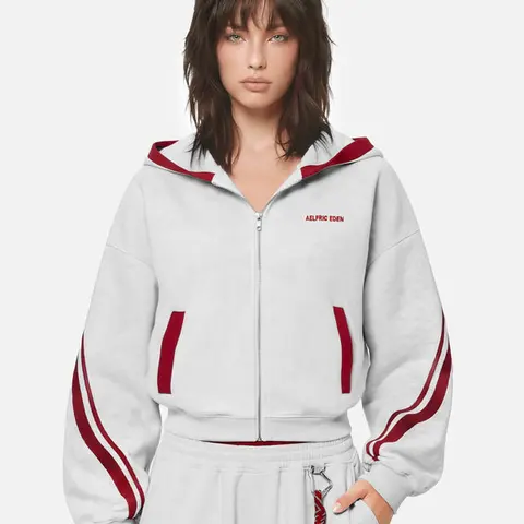 Aelfric Eden Boxy Stripe Zip Up Hoodie Red-White Contrast Stripe Design Hooded Zip-Up Closure Mini Brand Soft Fabric Retro Sporty Streetwear Unisex Outerwear