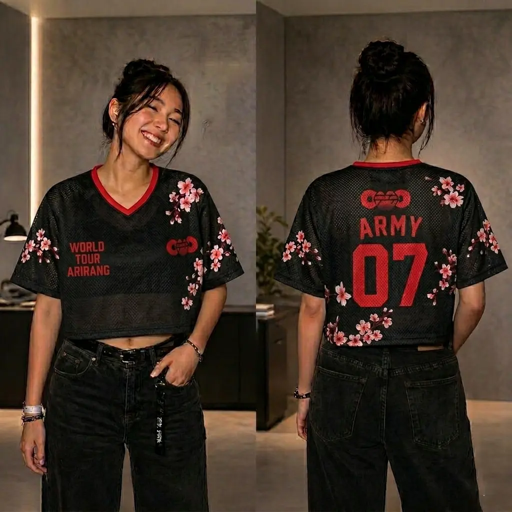 Style Florall croptop Jersey mesh,World Tour 2026 Jersey, Kpop Army Gift, Unisex Kpop Fan Shirt